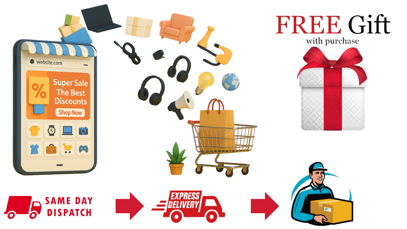 Assortment of home and kitchen appliances, children's toys, and fashionable clothing for modern families